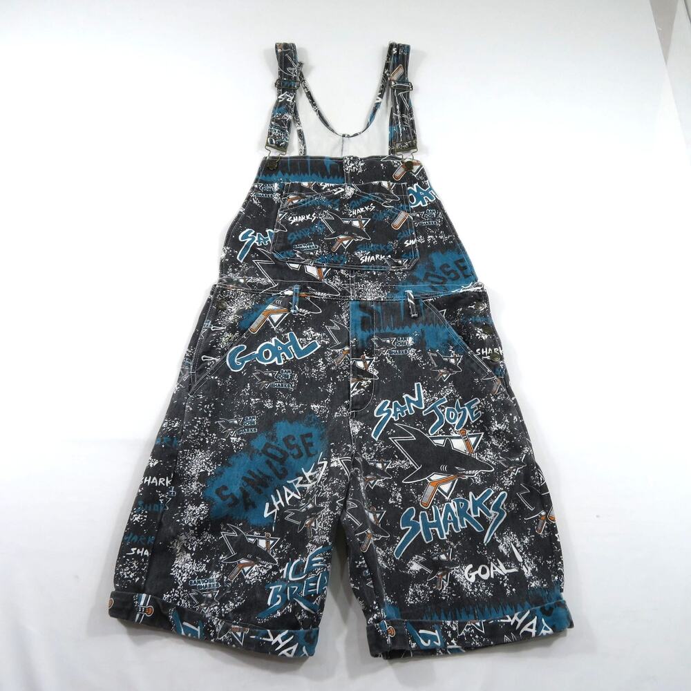 San Jose Sharks Overalls All Over print Denim Short Pants Black White Sz L 1990s